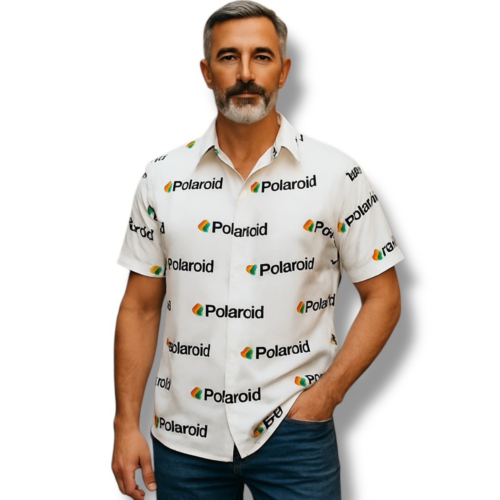 Polaroid Mens Shirt Short Sleeve Button Down Retro All-Over Graphic M White